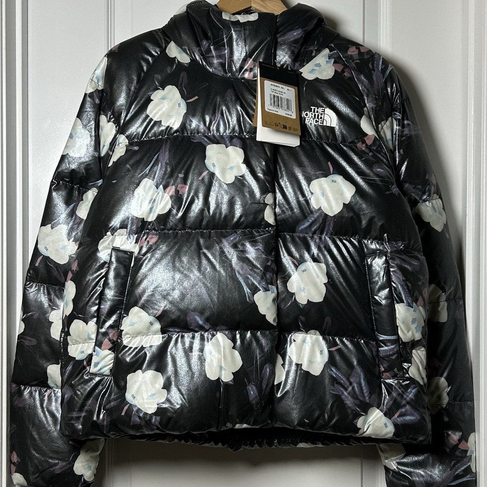 The North Face Girls' Black Floral Metallic Hooded 600 Down‎ Fill Puffer Jacket